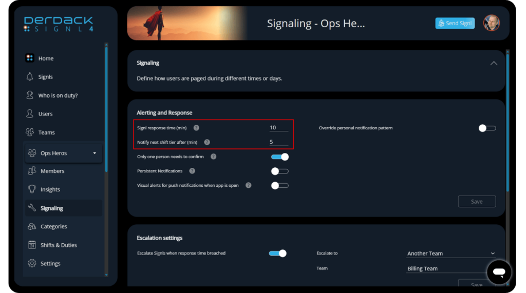 Change Alerting- & Response Times in the SIGNL4 Webportal