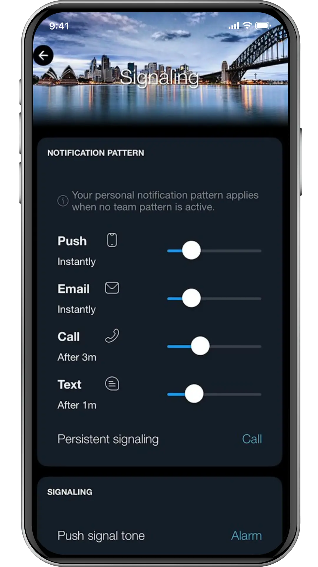 SIGNL4 app displaying notification pattern options
