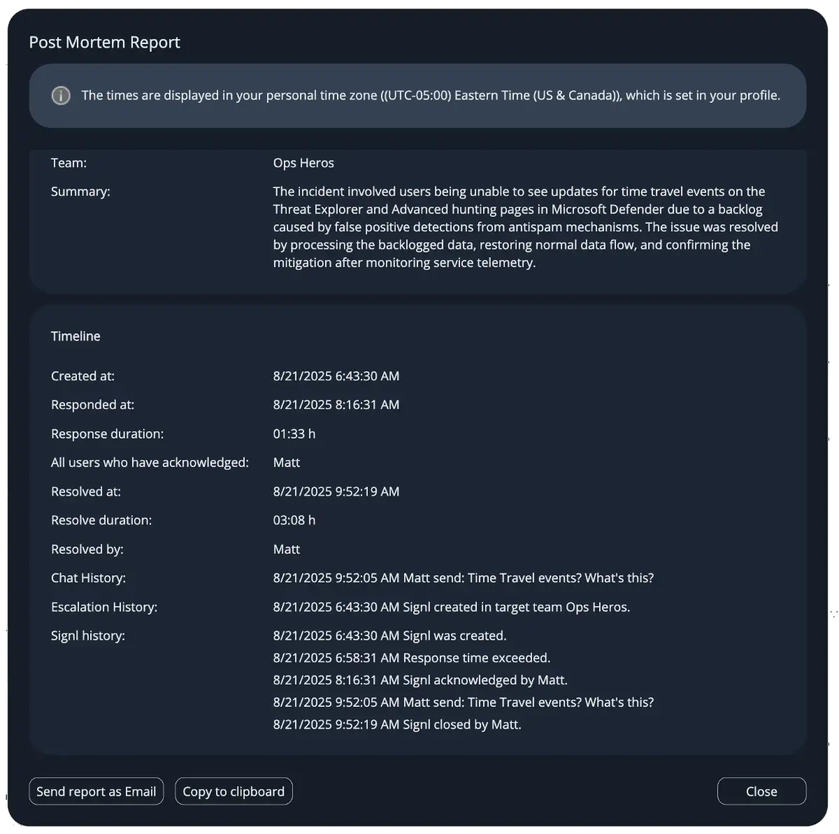 SIGNL4's Postmortem Report shows all incident resolution details and the full communication history.